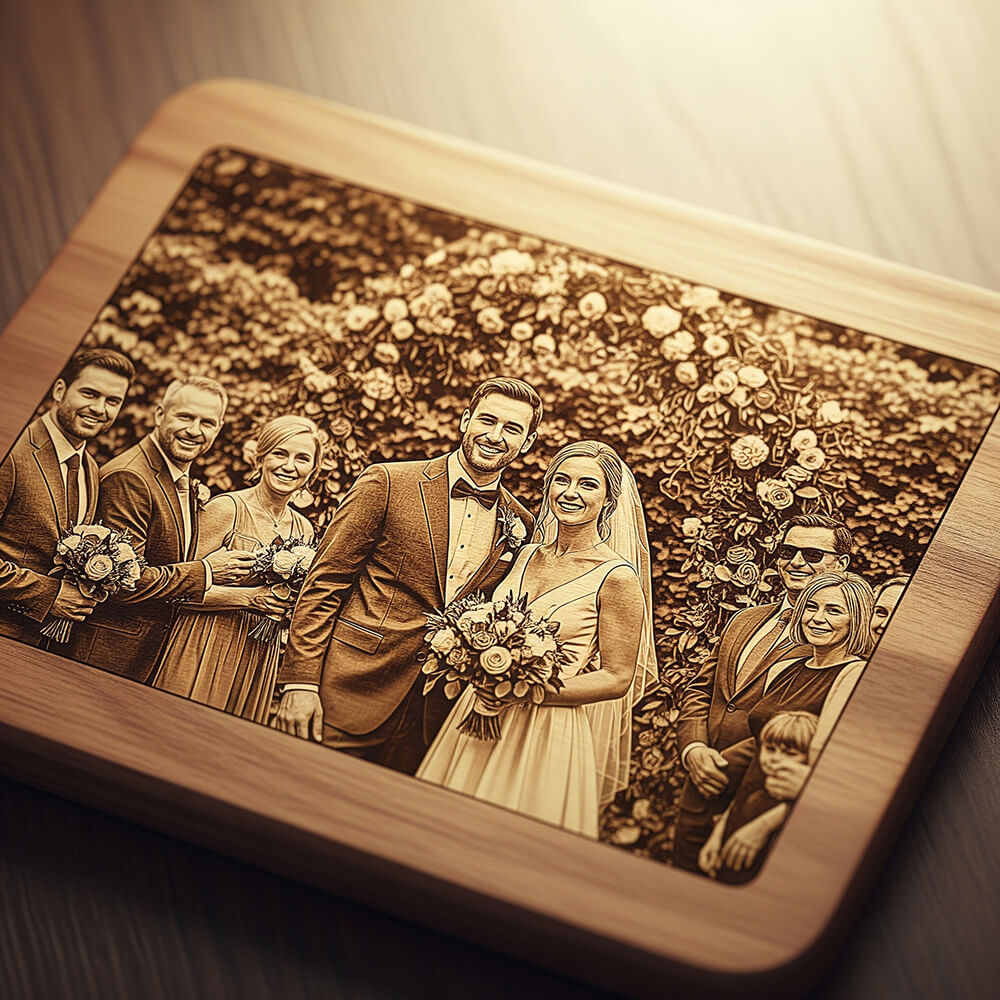 Wooden photo engraving of a wedding day picture